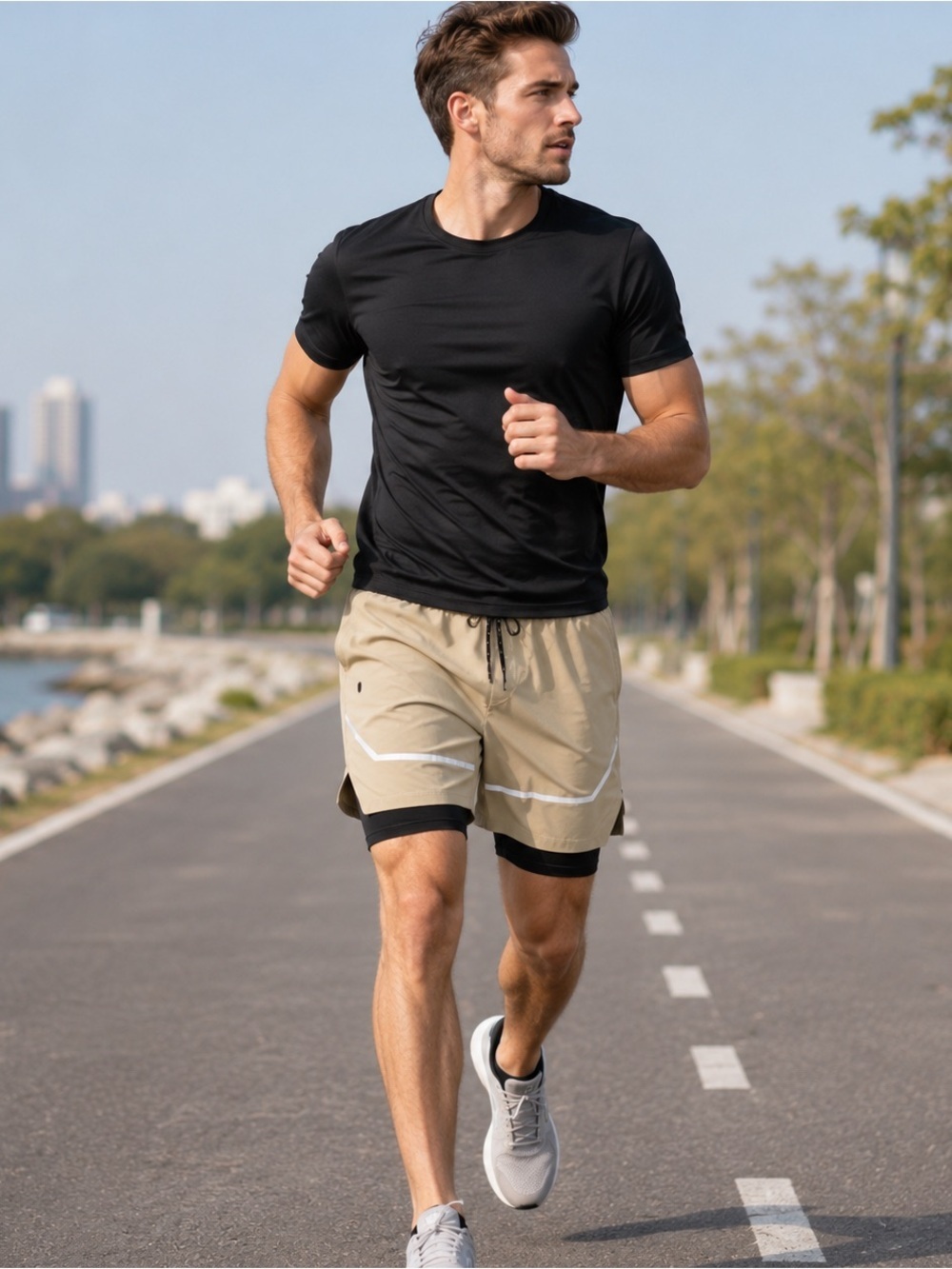 2-in-1 Compression Lined Running Shorts Reflective Tan Black Size 34 NWT